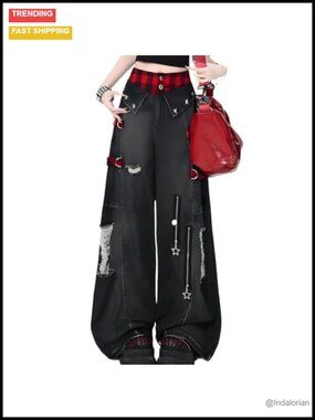 High Waist Wide Leg Ripped Jeans Plaid Star Rivet Punk Gothic Denim Pants